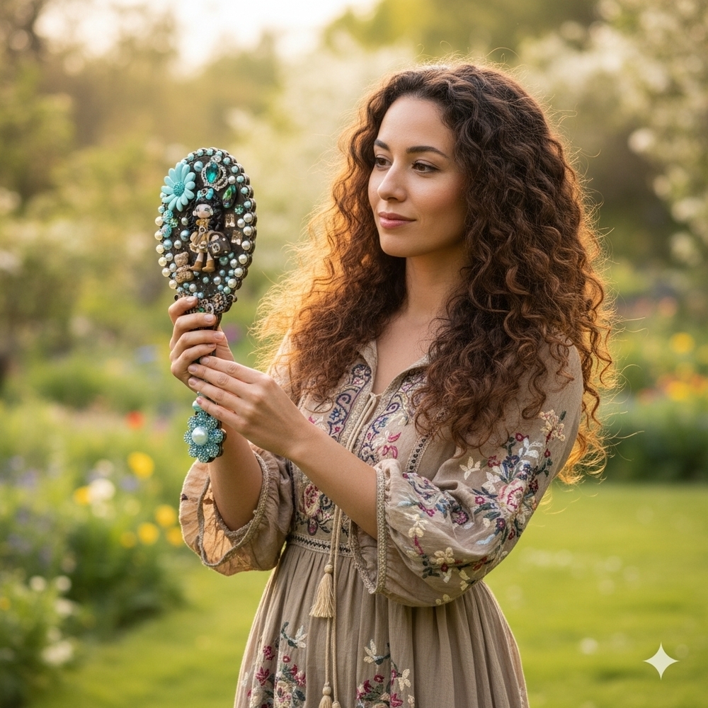 Handheld Beauty Makeup Mirror Clay Doll Bling Embellished Fashion Teal Brown